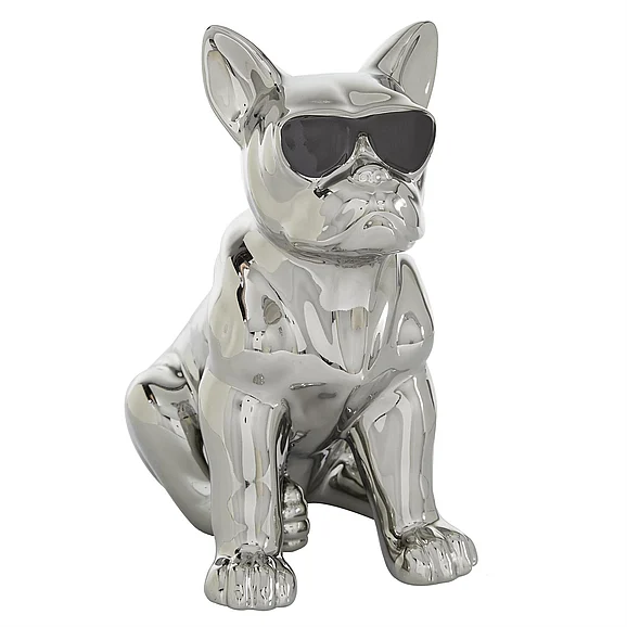UMA CosmoLiving by Cosmopolitan Silver Ceramic Bulldog Decorative Sculpture with Sunglasses, 6 x 10 x 12 | 92906