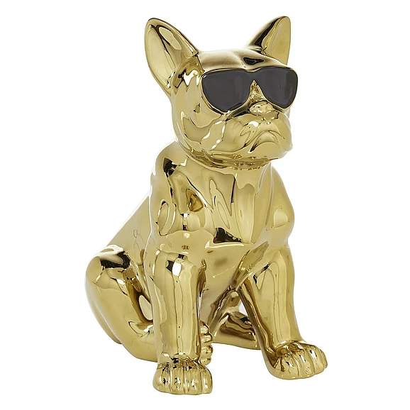 UMA CosmoLiving by Cosmopolitan Gold Ceramic Bulldog Decorative Sculpture with Sunglasses, 6 x 10 x 12 | 92907