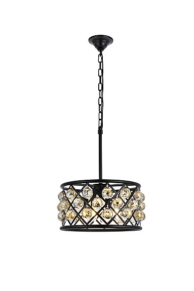 Elegant Madison 4 Light Matte Black Pendant Golden Teak (Smoky) Royal Cut Crystal 1214D16MB-GT/RC