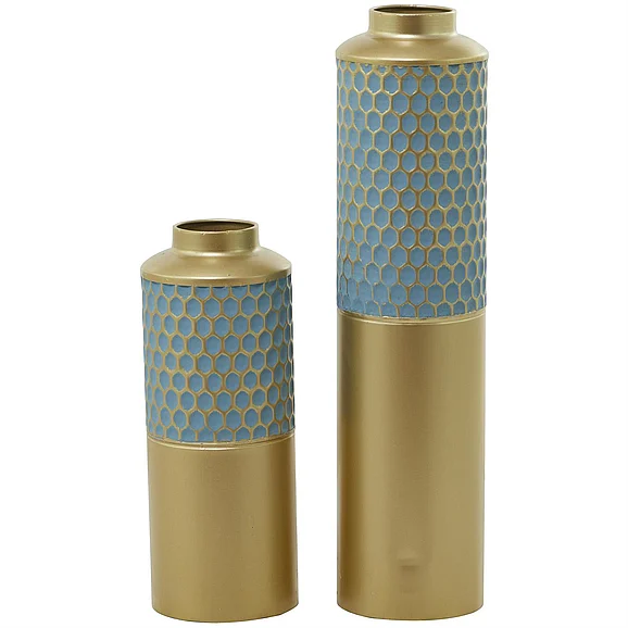UMA CosmoLiving by Cosmopolitan Light Blue Metal Honeycomb Decorative Vase, Set of 2 22W, 14H | 93359 CLOSEOUT