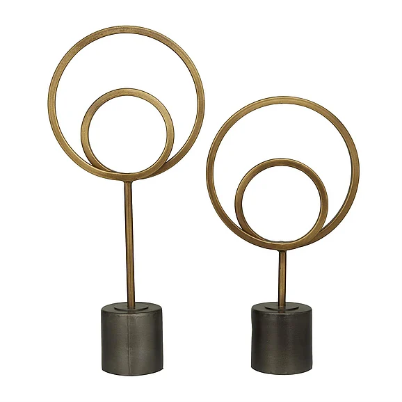 UMA Gold Metal Geometric Circle Decorative Sculpture with Black Base, Set of 2 18, 14H | 93367