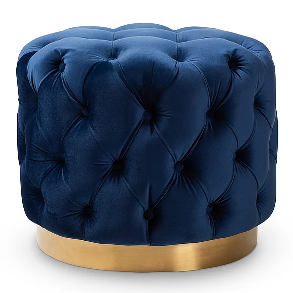 Baxton Studio Valeria Glam Royal Blue Upholstered Gold-Button Tufted Ottoman 9376