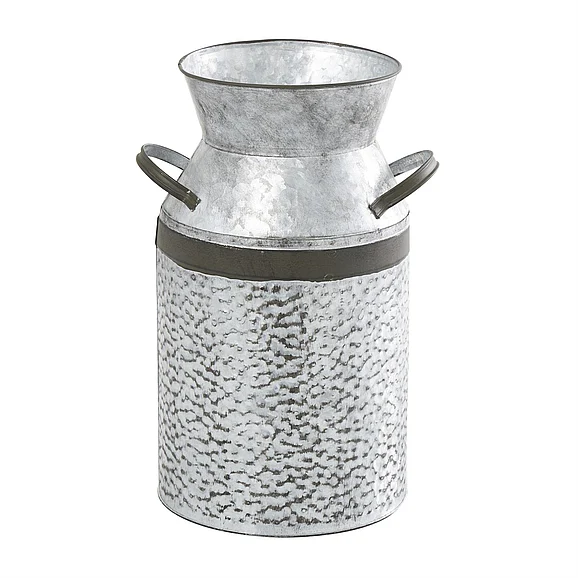 UMA Gray Metal Textured Galvanized Milk Can Decorative Vase with Black Handles, 8 x 7 x 12 | 93993