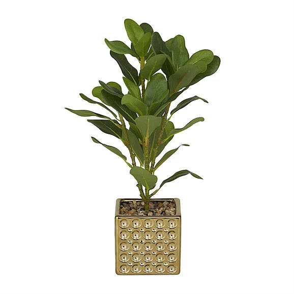 UMA Green Faux Foliage Bay Laurel Indoor Outdoor Artificial Plant with Realistic Leaves and Square Porcelain Pot, 9" x 9" x 15" | 94024 CLOSEOUT
