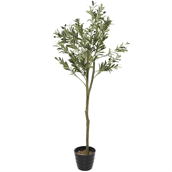 UMA Green Faux Foliage Olive Indoor Outdoor Artificial Tree with Realistic Leaves and Black Melamine Pot, 28" x 20" x 59" | 94041