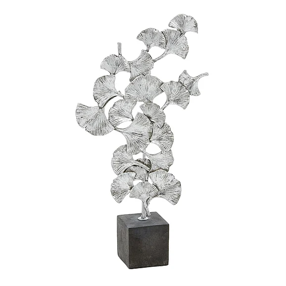 UMA Silver Polystone Floral Handmade Decorative Sculpture with Black Block Base, 10 x 3 x 19 | 94147