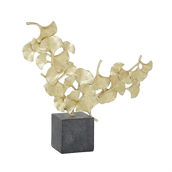 UMA CosmoLiving by Cosmopolitan Gold Polystone Floral Handmade Decorative Sculpture with Black Block Base, 18" x 4" x 17" | 94148