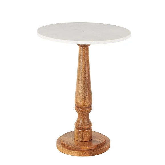 UMA Brown Mango Wood Turned Side End Accent Table with White Marble Tabletop, 18" x 18" x 23" | 94550