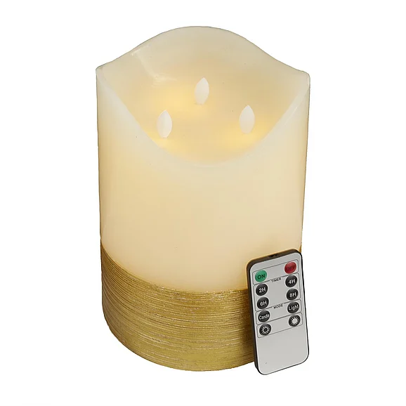 UMA Cream Wax Gold Base Indoor Outdoor Flameless Candle with Remote Control, 6" x 6" x 8" | 94723