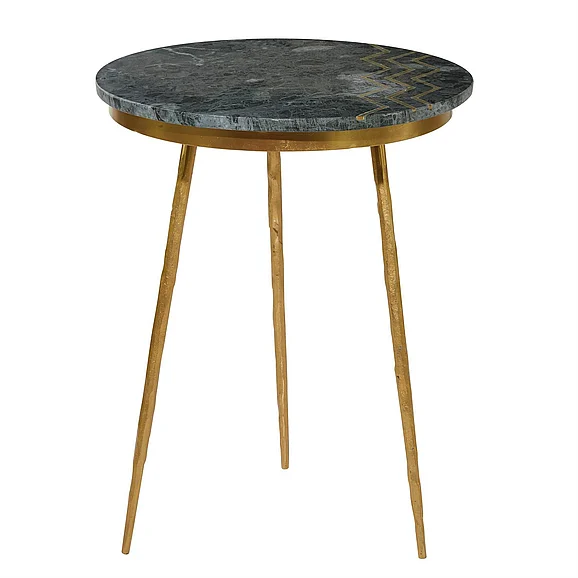 UMA Green Marble Side End Accent Table with Gold Metal Tripod Legs and Zig-Zag Detail, 16 x 16 x 20 | 94938