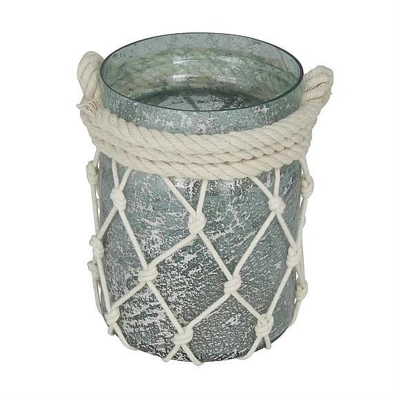 UMA Teal Glass Decorative Indoor Outdoor Candle Lantern with Rope Handle, 5" x 5" x 14" | 94953 CLOSEOUT