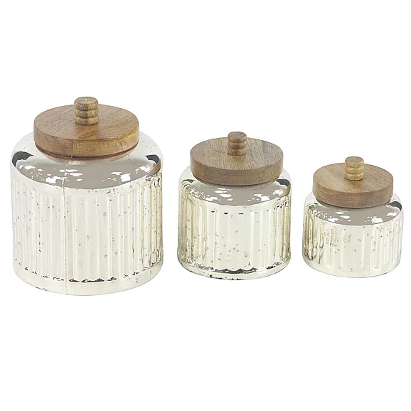 UMA Silver Glass Living Room Decorative Jars with Wood Lids, Set of 3 8, 6, 5H | 94980
