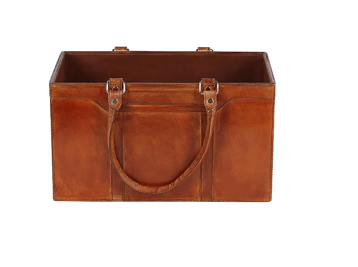 UMA Brown Leather Handmade Box Style Single Slot Decorative Magazine Holder with Detail Stitching and Curved Handles, 15" x 8" x 9" | 95067