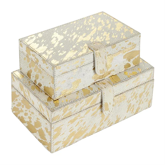 UMA Gold Leather Handmade Decorative Box with Snap Front Closure and Detailed Stitching, Set of 2 8, 10W | 95080