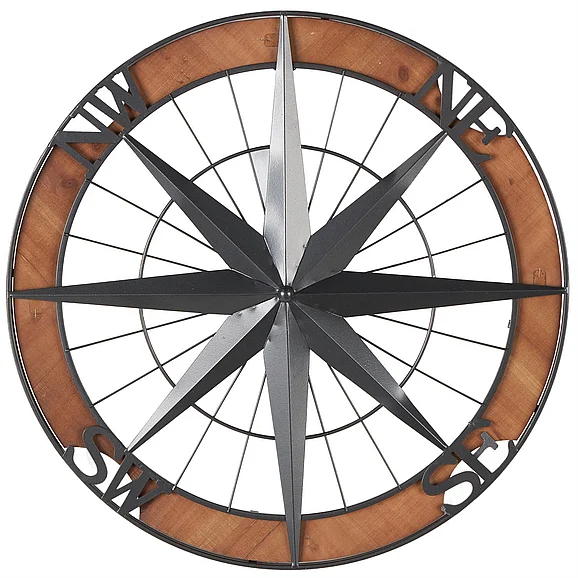 UMA Black Metal Sign Compass Home Wall Decor with Wood Frame, 22" x 2" x 22" | 95895