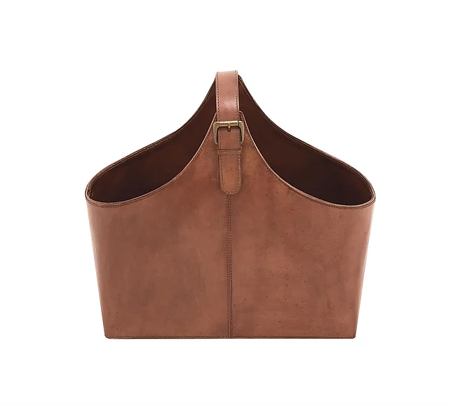 UMA Brown Leather Handmade Box Style Single Slot Decorative Magazine Holder with Detail Stitching and Curved Buckle Handle, 16 x 8 x 14 | 95906