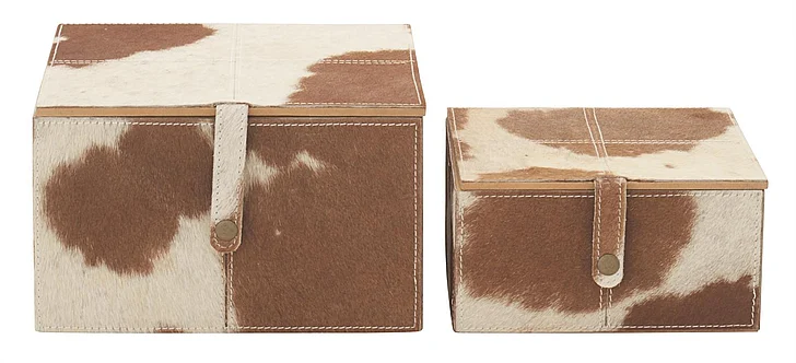 UMA Brown Leather Handmade Decorative Box with Snap Front Closure and Detailed Stitching, (Set of 2) 8, 10W | 95933