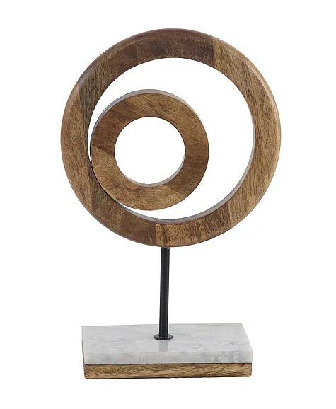 UMA Brown Mango Wood Geometric Circle Decorative Sculpture with Marble Stand, 9" x 4" x 13" | 95953