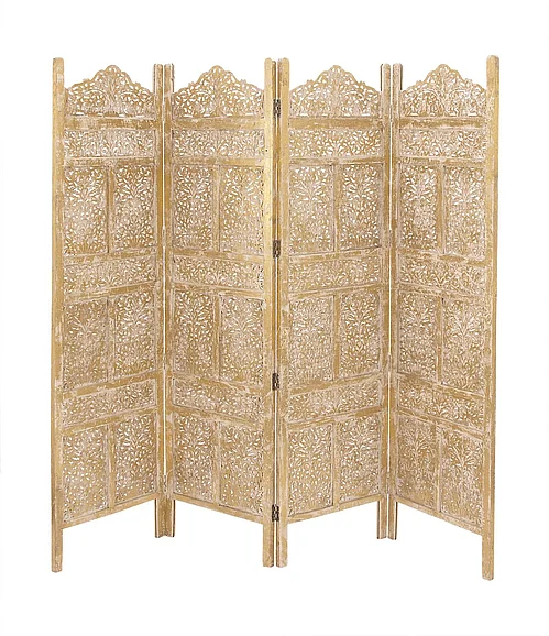 UMA Wooden Floral Handmade Foldable Partition 4-Panel Partition Room Divider Screen with Carved Designs in Gold 96060