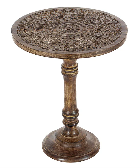 UMA Dark Brown Mango Wood Floral Handmade Intricately Carved Side End Accent Table with Turned Base, 17 x 17 x 21 | 96092