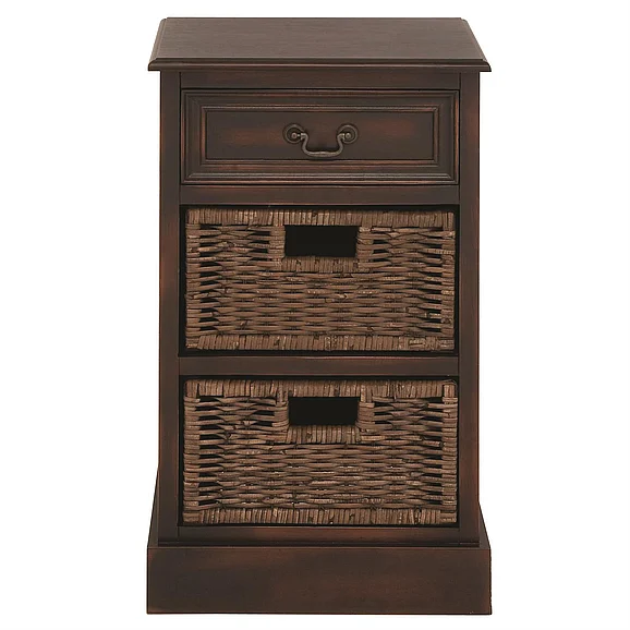 UMA Dark Brown Wood 2 Basket and 1 Drawer Room Storage Unit, 16" x 12" x 28" | 96250
