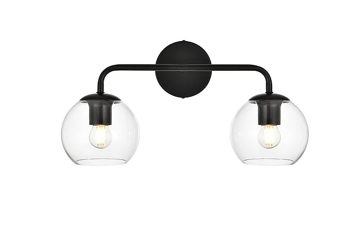 Elegant Genesis 2 Light Black and Clear Bath Sconce LD7321W19BLK