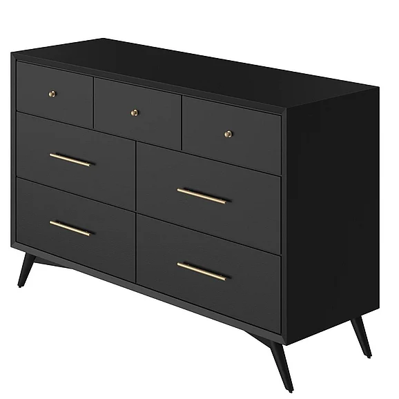 Alpine Furniture Flynn Mid Century Modern 7 Drawer Dresser in Black 966BLK-03