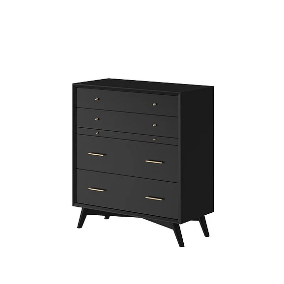 Alpine Furniture Flynn Mid Century Modern 4 Drawer Multifunction Chest w/Pull Out Tray in Black 966BLK-05