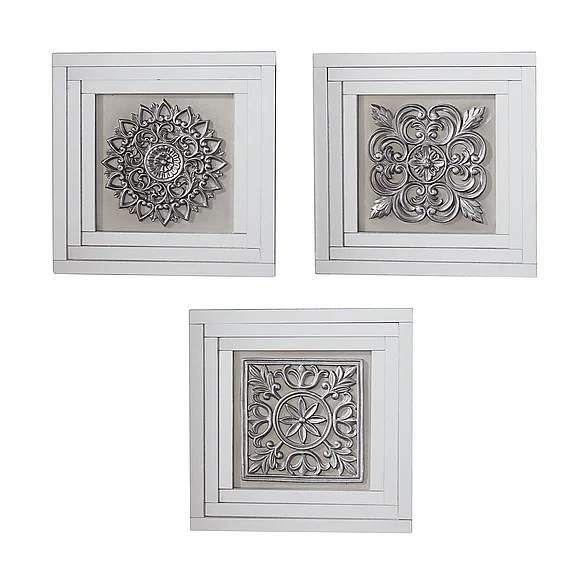 UMA Silver Glass Floral Metal Embossed Home Wall Decor with Layered Mirror Frames, 3 Assorted 16"W, 16"H | 97003