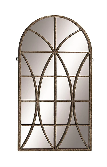 UMA Brown Metal Window Pane Inspired Room Wall Mirror with Arched Top, 32" x 1" x 59" | 97014
