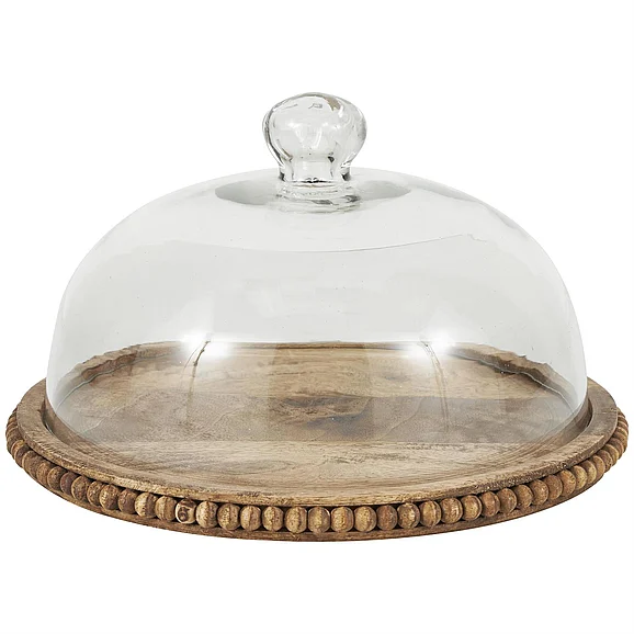 UMA Brown Mango Wood Decorative Cake Stand with Glass Dome, 11" x 11" x 6" | 97511