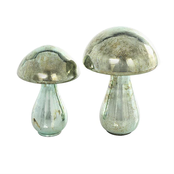 UMA Green Glass Mushroom Handmade Glossy Weathered Decorative Sculpture, Set of 2 12, 10H | 97514 CLOSEOUT