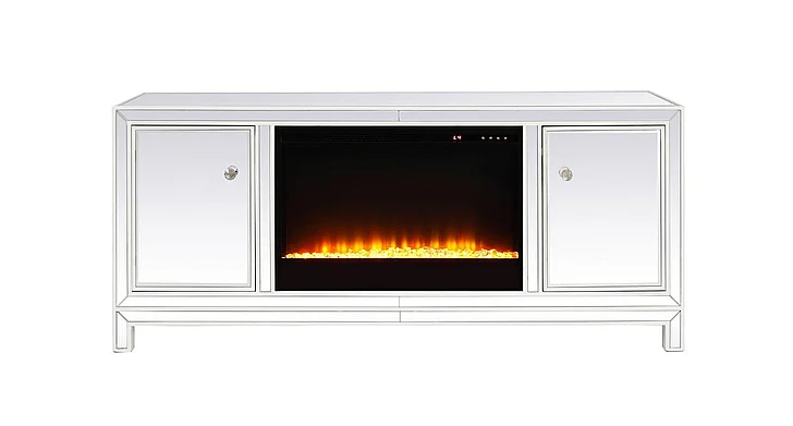 Elegant 60 In. Mirrored TV Stand with Crystal Fireplace Insert in White MF701WH-F2 CLOSEOUT