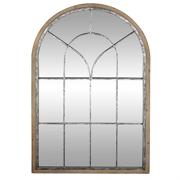 UMA Brown Wooden Window Pane Inspired Room Wall Mirror with Arched Top, 33" x 1" x 51" | 98220