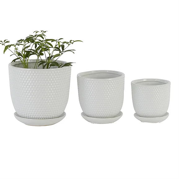 UMA White Ceramic Indoor Outdoor Planter with Attached Saucer, (Set of 3) 8, 6, 5H | 98342