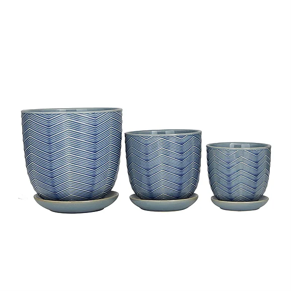 UMA Blue Porcelain Ceramic Indoor Outdoor Planter with Attached Saucer, Set of 3 8, 6, 5H | 98355