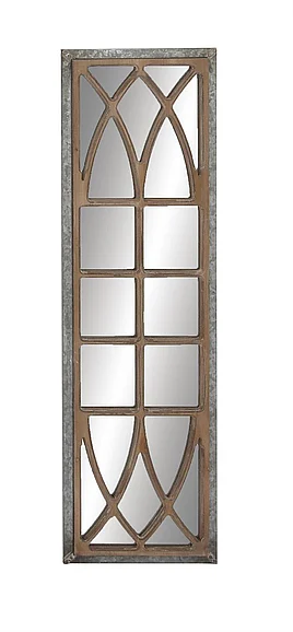 UMA Brown Wood Window Pane Inspired Panel Room Wall Mirror with Galvanized Metal Frame, 15" x 1" x 52" | 98463