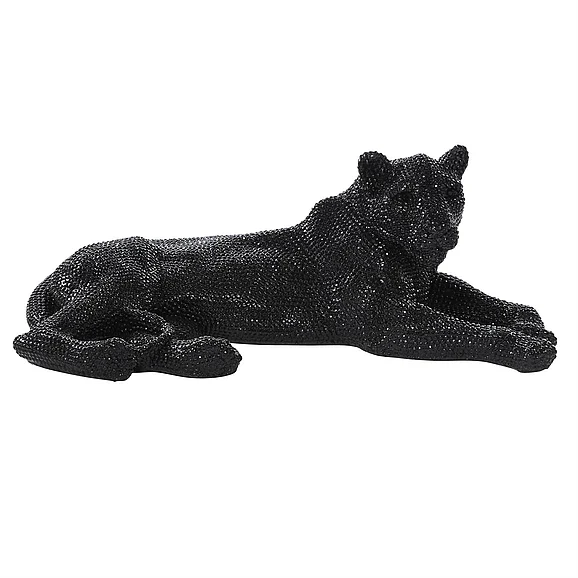 UMA Black Polystone Leopard Floor Decorative Sculpture with Carved Faceted Diamond Exterior, 39" x 19" x 14" | 98659