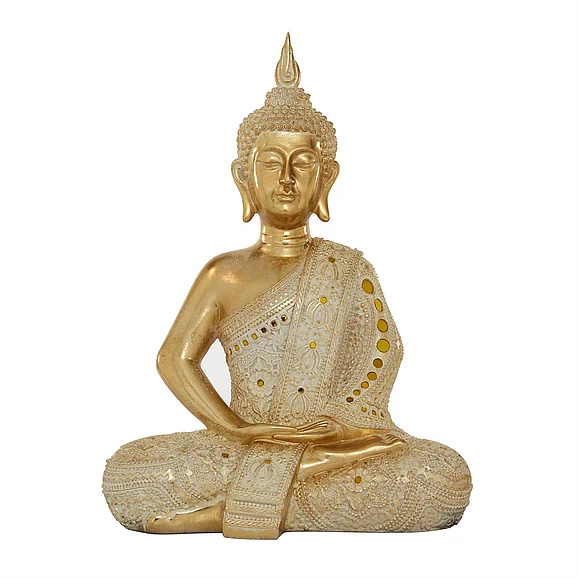 UMA Polystone Buddha Meditating Decorative Sculpture with Intricate Carvings and Mirrored Accents in Gold 98679