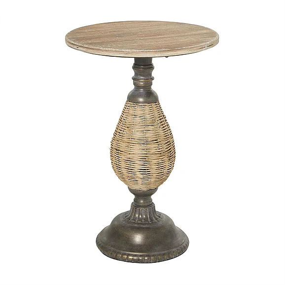 UMA Brown Wood Side End Accent Table with Black Metal and Rattan Base, 15" x 15" x 22" | 98838