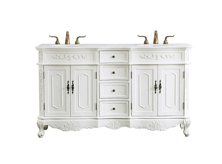 Elegant 60 In. Double Bathroom Vanity in Antique White with Ivory White Engineered Marble VF10160DAW-VW