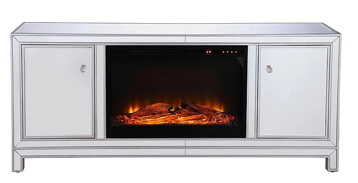 Elegant 60 In. Mirrored TV Stand with Wood Fireplace Insert in Antique Silver MF701S-F1