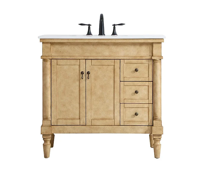 Elegant 36 In. Single Bathroom Vanity in Antique Beige with Ivory White Engineered Marble VF13036AB-VW