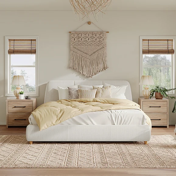 Queen Size Upholstered Bed Frame with Linen Fabric and, White