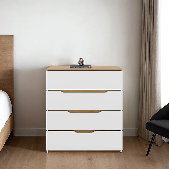Drawer Dresser 35"H, Four Drawers, Superior Top, White / Light Oak