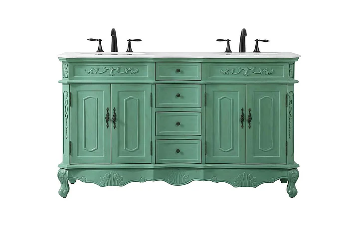 Elegant 60 In. Double Bathroom Vanity in Vintage Mint with Ivory White Engineered Marble VF10160DVM-VW