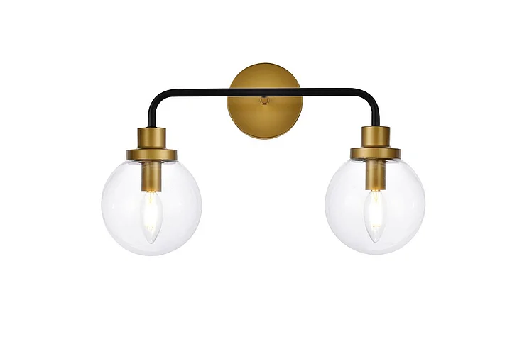 Elegant Hanson 2 Lights Bath Sconce in Black with Brass with Clear Shade LD7033W19BRB