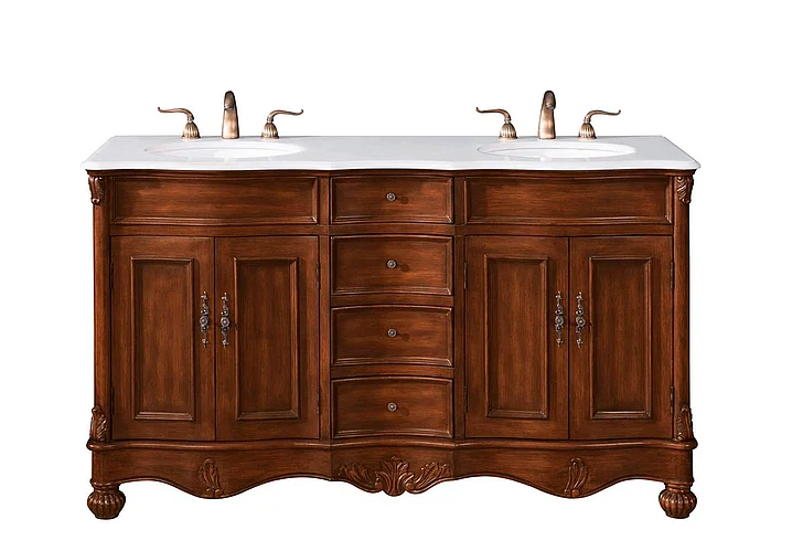 Elegant 60 In. Double Bathroom Vanity in Teak with Ivory White Engineered Marble VF-1048-VW