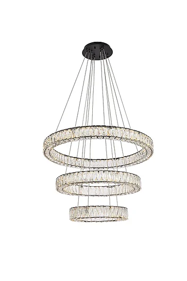 Elegant Monroe 32 In. Led Triple Ring Chandelier in Black 3503G3LBK