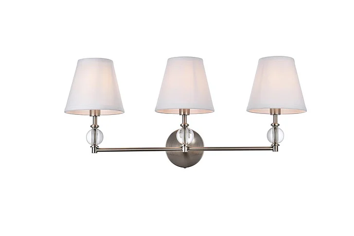 Elegant Bethany 3 Lights Bath Sconce in Satin Nickel with White Fabric Shade LD7023W24SN